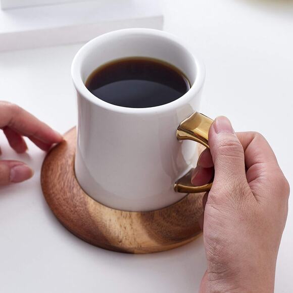 12 Oz Ceramic Tea Cup Coffee Cup Set with Wooden Saucer European Golden Hand Cup - Picture 3 of 10